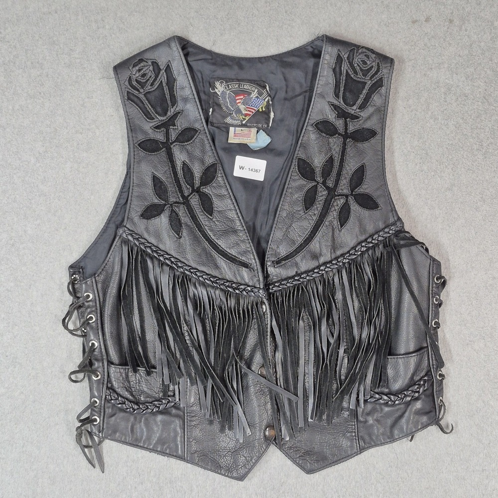 VINTAGE Classic Leather Women Vest L Black Embroidered Floral Rose Western Snap